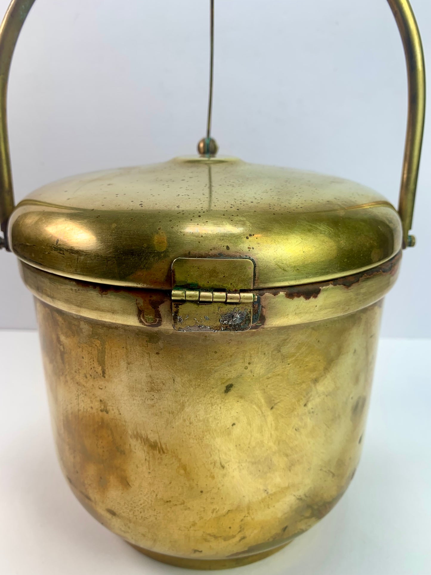 Vintage Barware - Solid Brass Ice Bucket - Hinged Lid - Porcelain Inner - 1920s