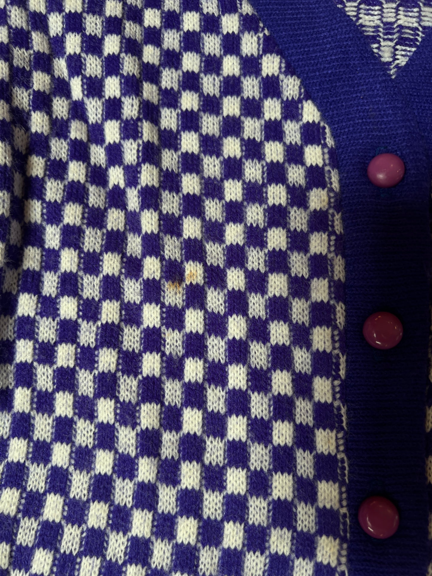 Vintage Acrylic Cardigan - Purple White Checkered Knit Button Front Sweater - Small