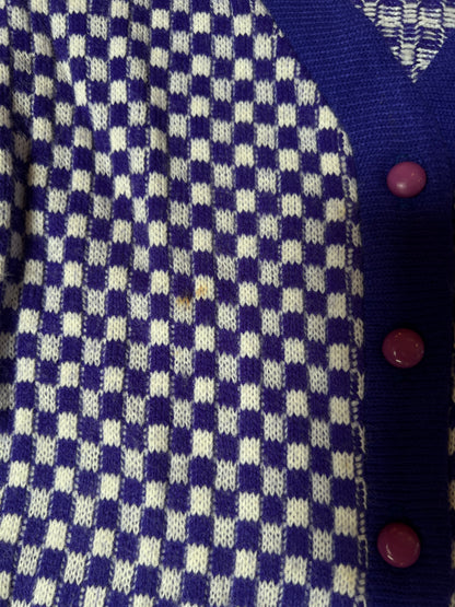Vintage Acrylic Cardigan - Purple White Checkered Knit Button Front Sweater - Small