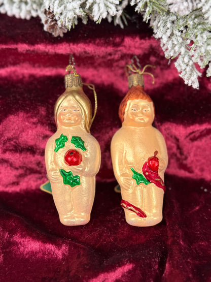 Vintage Christmas - Handblown Glass Ornament Pair - Adam and Eve - Whitehurst Imports - Czech Republic