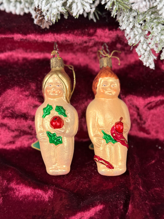 Vintage Christmas - Handblown Glass Ornament Pair - Adam and Eve - Whitehurst Imports - Czech Republic