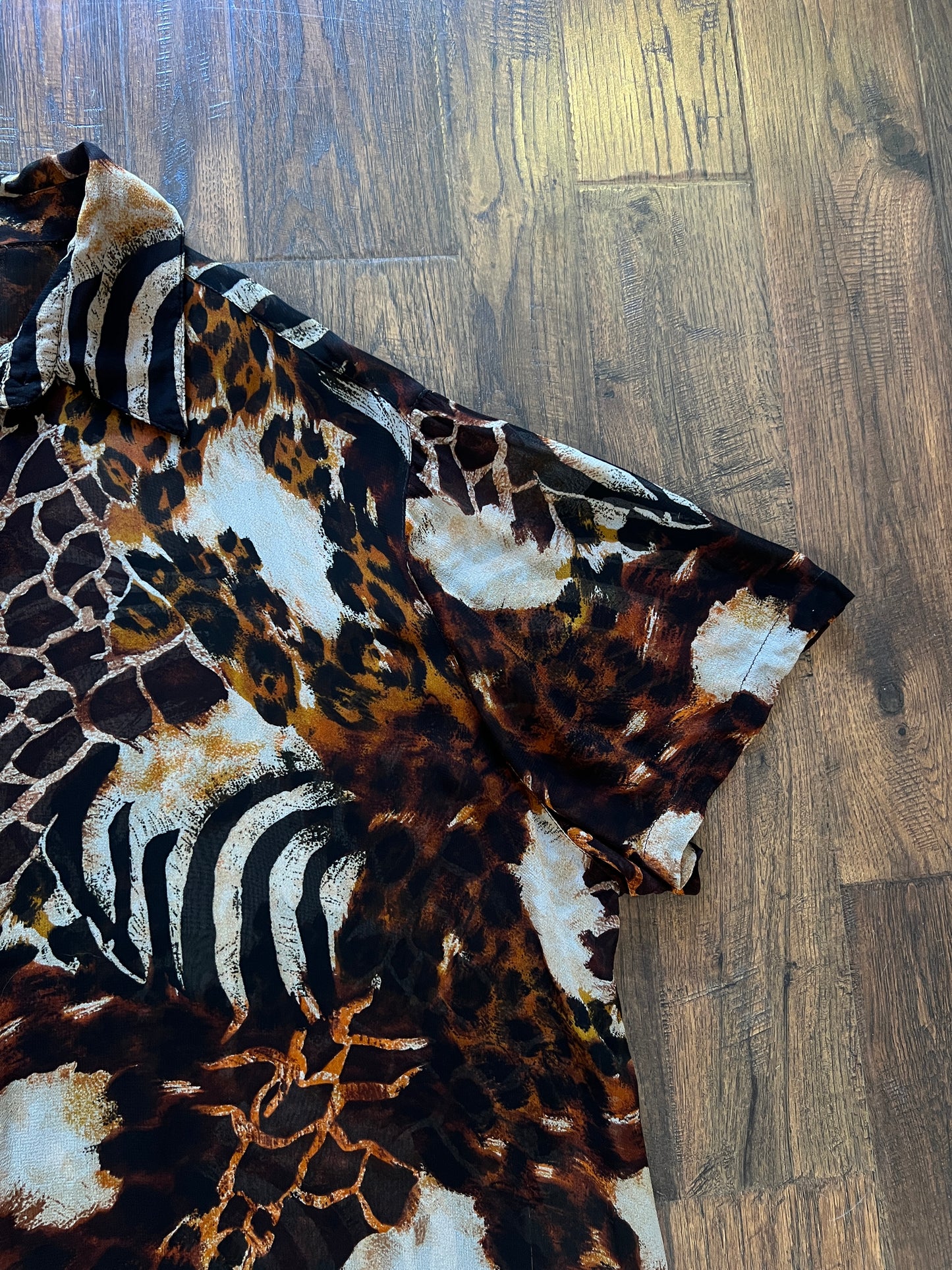 Vintage Rayon Button Front Shirt - Patchwork Animal Print by Avenue - 2X-Large