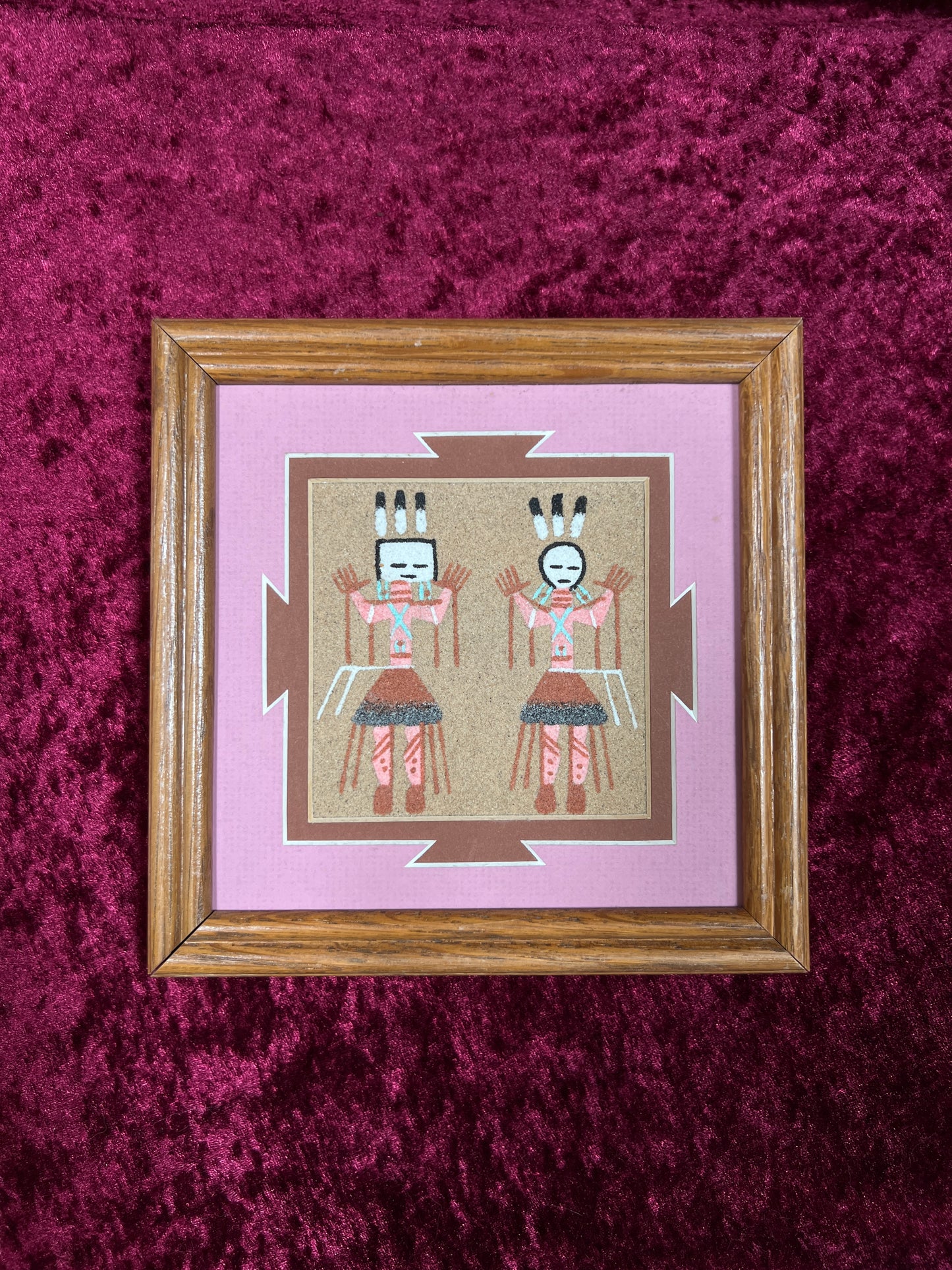Vintage Sand Art Wall Hanging - Native American Kachina Figures Framed Artwork