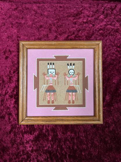 Vintage Sand Art Wall Hanging - Native American Kachina Figures Framed Artwork