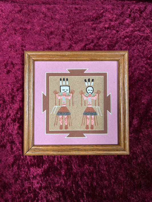 Vintage Sand Art Wall Hanging - Native American Kachina Figures Framed Artwork