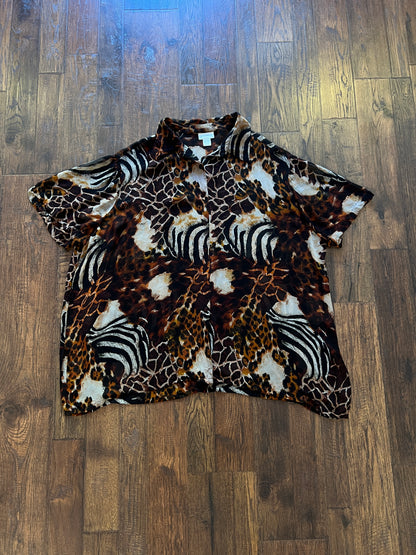 Vintage Rayon Button Front Shirt - Patchwork Animal Print by Avenue - 2X-Large