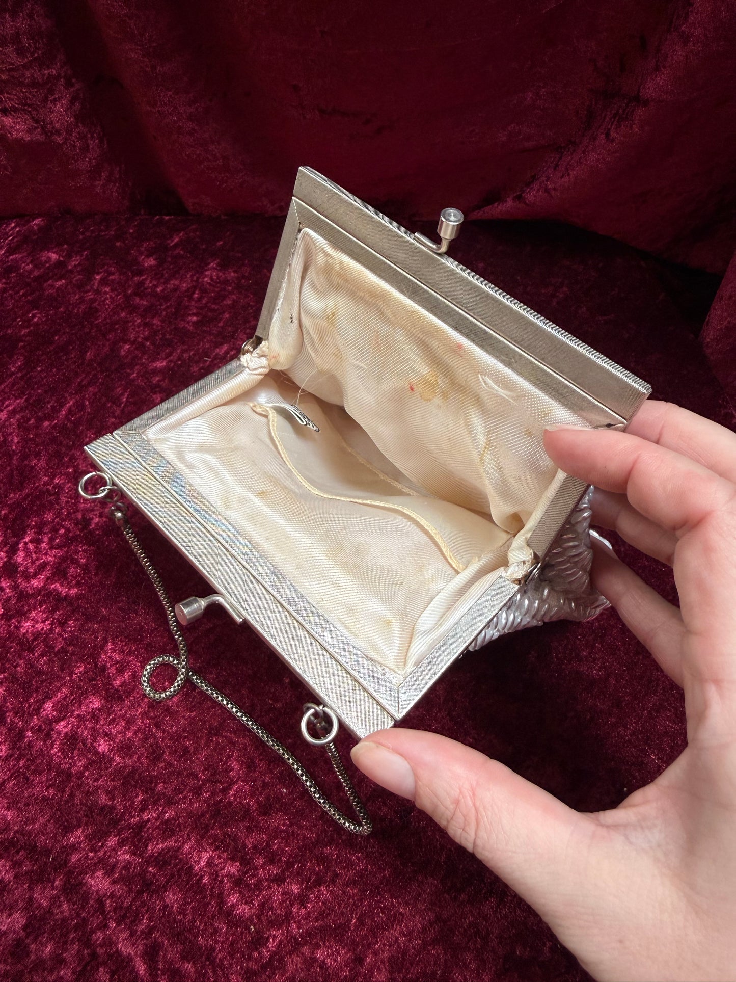 Vintage Accessories - 1950s Gems by George Silver Pearled Beaded Evening Purse - Kiss Lock Closure w/ Gold Chain Strap