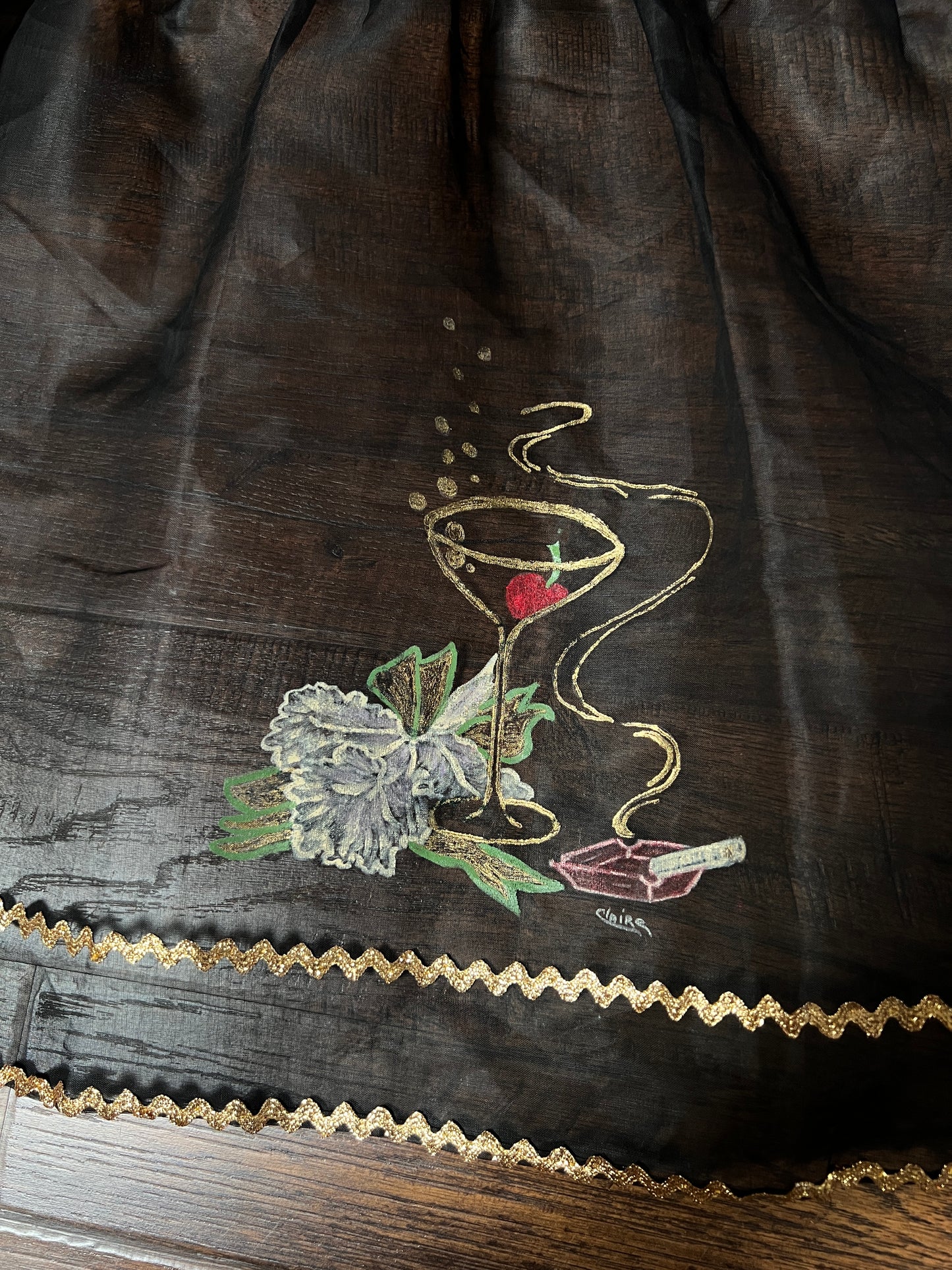 Vintage Mid Century Sheer Black Half Apron — Hand Painted Martini Cigarette with Gold Trim