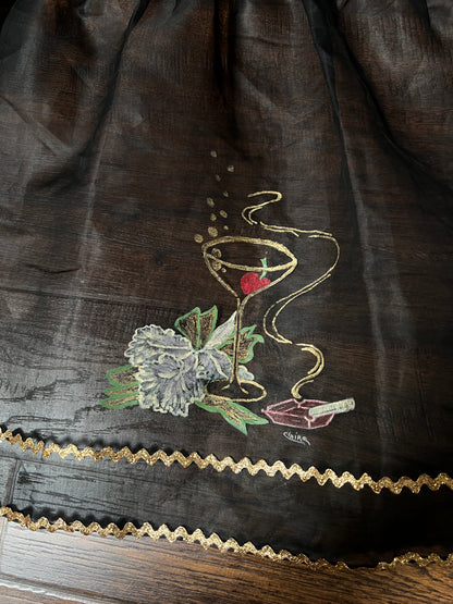 Vintage Mid Century Sheer Black Half Apron — Hand Painted Martini Cigarette with Gold Trim