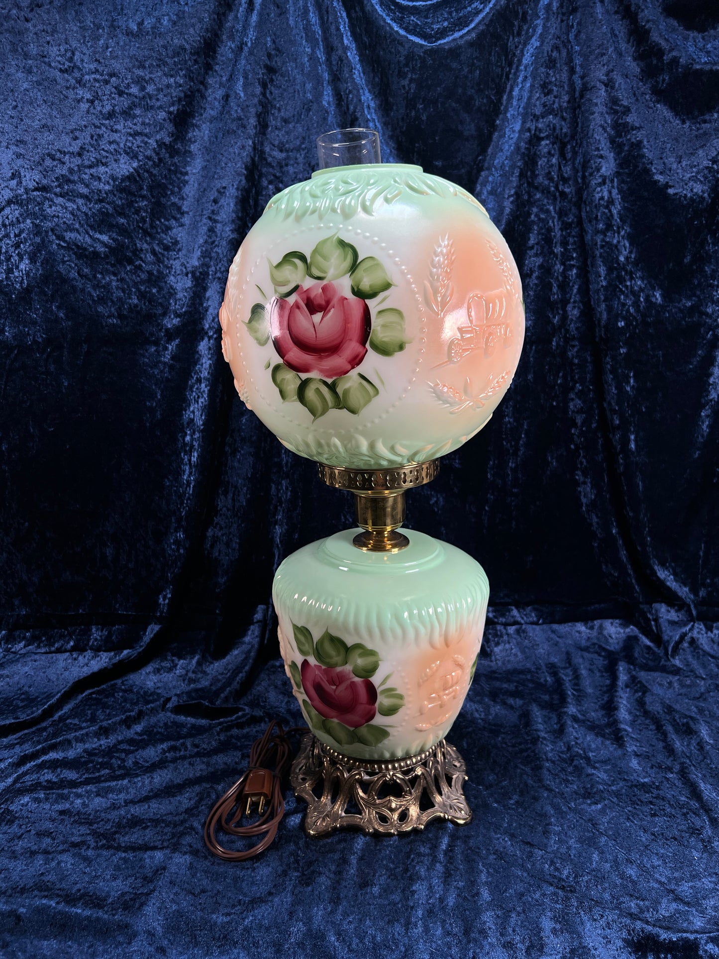 Vintage Fenton Milk Glass Table Lamp – Hand Painted Roses Double Globe Hurricane Parlor Style