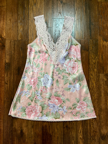 Vintage Silky Nightgown and Robe Lingerie Set - Pink Floral Print Peignoir Ensemble - Val Mode