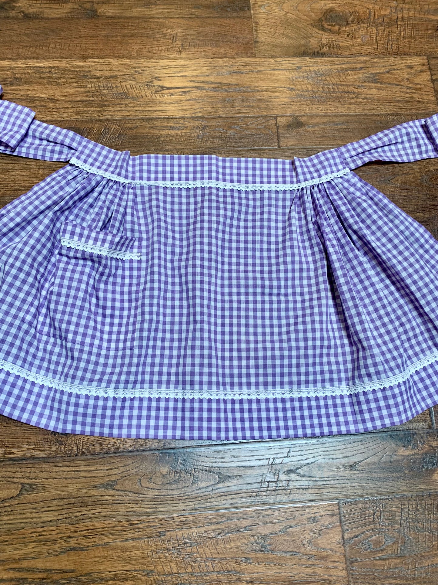 Vintage Lilac & Periwinkle Gingham Half Apron with Lace Detail