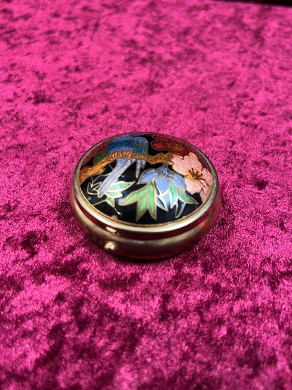 Vintage Vanity - 3-Compartment Pill Box - Cloisonné Lid - Blue Bird In a Flowering Tree
