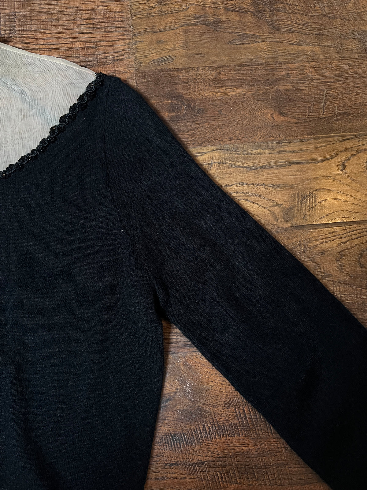 Vintage 1960s Knit Cardigan - Black Sheer Illusion Sequin Yoke with Metal Buttons - Size Medium