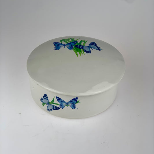 Vintage Blue Butterflies Ceramic Covered Jewelry Dish | Made In Thailand