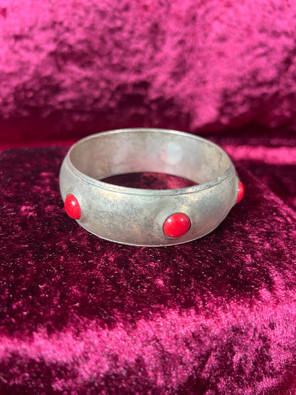 Vintage Jewelry - Puffy Cuff Bracelet - Silver Tone Metal - Red Cabochons