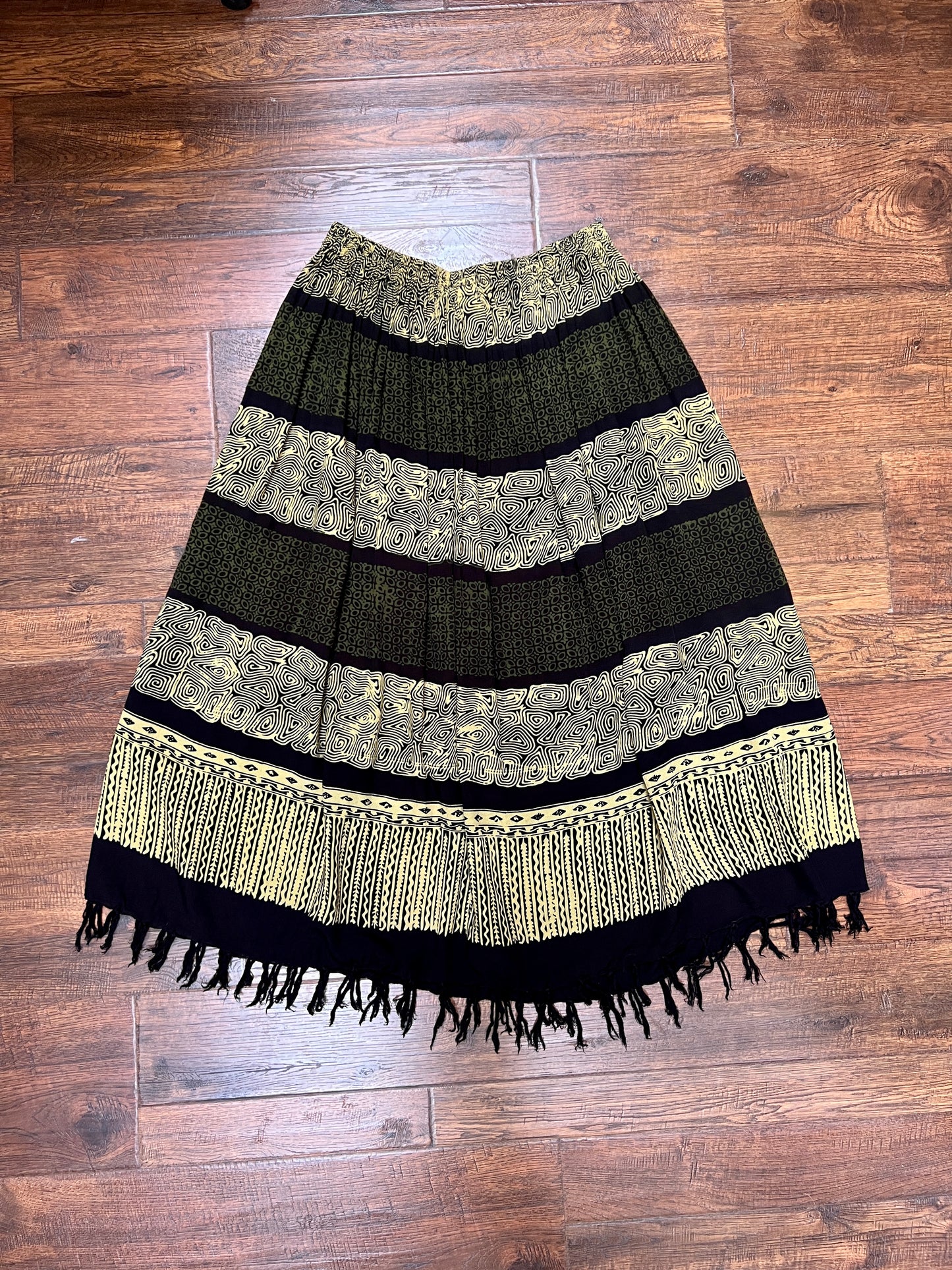 Vintage Gauzy Cotton Blend Full Length Skirt – Tiki Style Pattern with Fringe Hem - Ruby's Moods