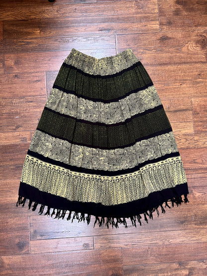 Vintage Gauzy Cotton Blend Full Length Skirt – Tiki Style Pattern with Fringe Hem - Ruby's Moods