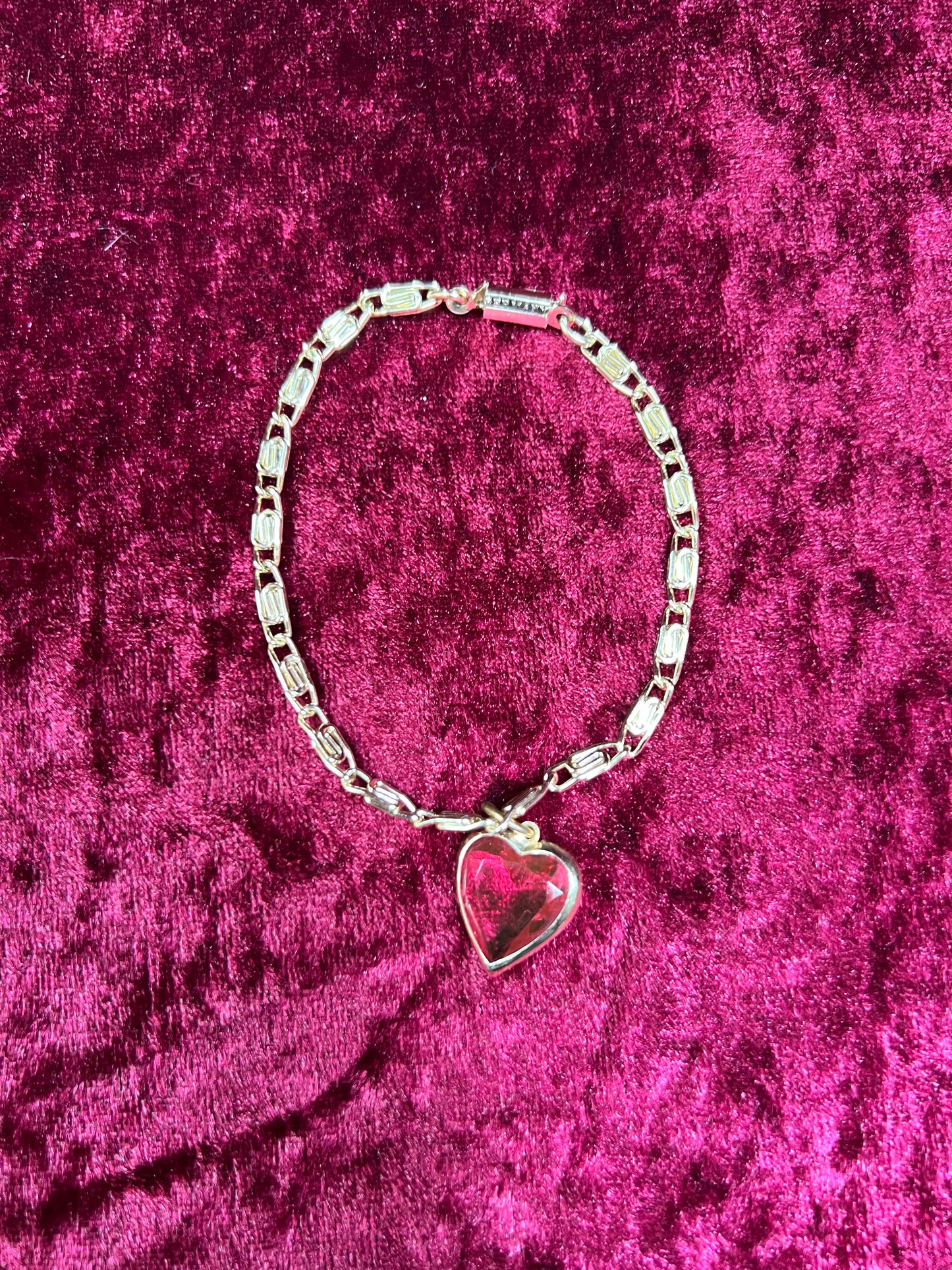 Vintage Jewelry - Bracelet - Gold Tone Metal - Pink Heart Pendant - Germany