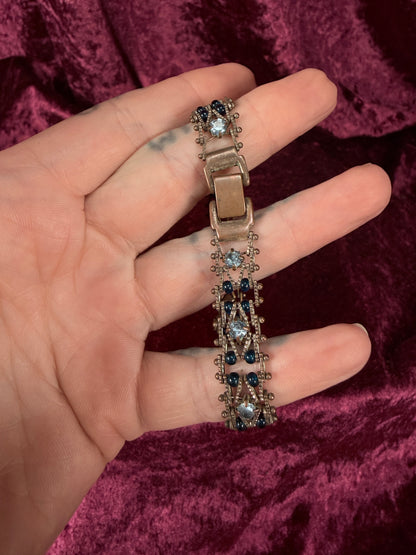 Vintage Silver Tone Rhinestone Bracelet - Two Tone Blue Crystal Beaded Design