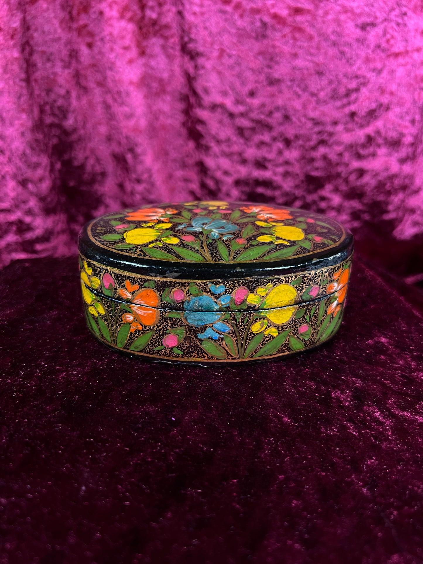 Vintage Papier Mache Trinket Box - Hand Painted Floral Kashmir Style