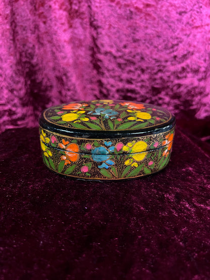 Vintage Papier Mache Trinket Box - Hand Painted Floral Kashmir Style
