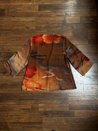 Vintage Tao House Cotton Knit Cardigan – Abstract Floral Print Wide Sleeve – Medium