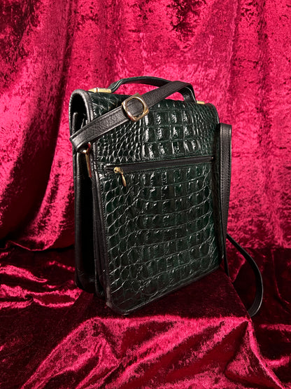 Vintage Emerald Green Leather Crossbody Bag - Croc Embossed Top Handle Purse