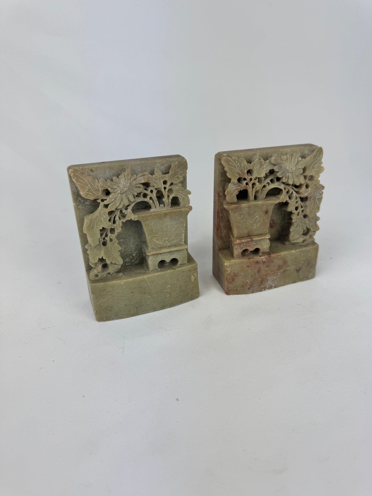 Vintage Hand Carved Soapstone Asian Crysanthemum Bookends