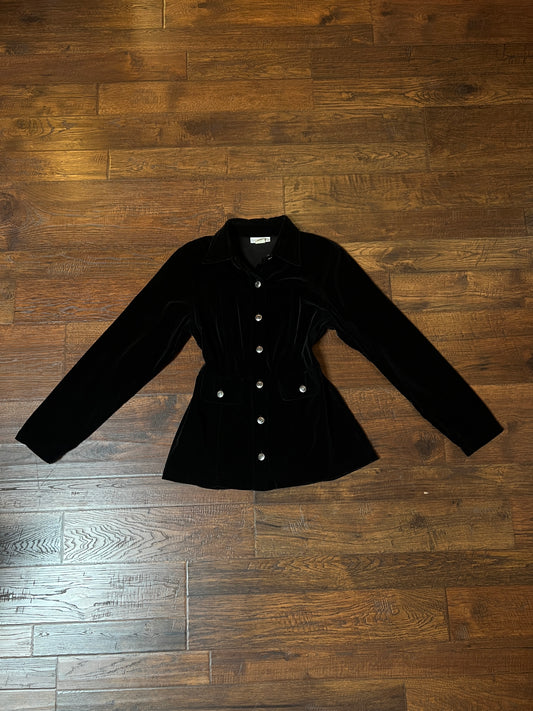 Vintage Paris Sport Club Cotton Velvet Utility Jacket - Black Fitted Button Front - Medium