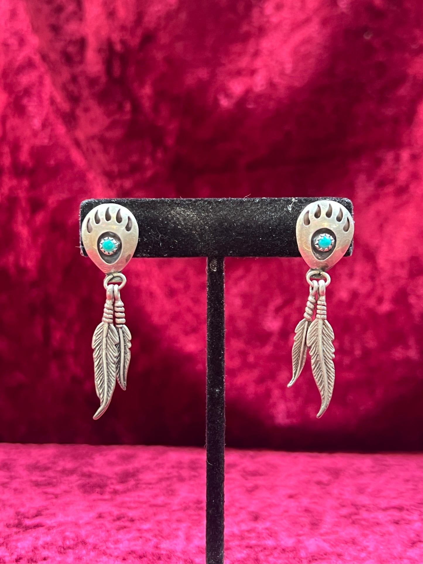 Vintage Jewelry - Sterling Silver Earrings - Navajo Turquoise Bear Claw with Dangling Feathers