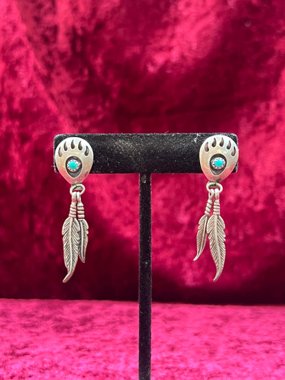 Vintage Jewelry - Sterling Silver Earrings - Navajo Turquoise Bear Claw with Dangling Feathers