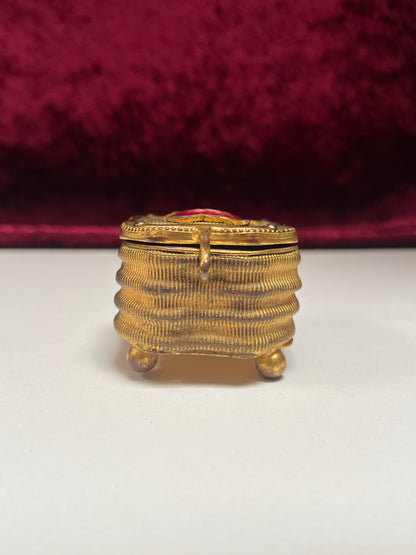 Vintage Trinket Box - Footed Ring Box - Red Leaf Lid - Brass Curved Design