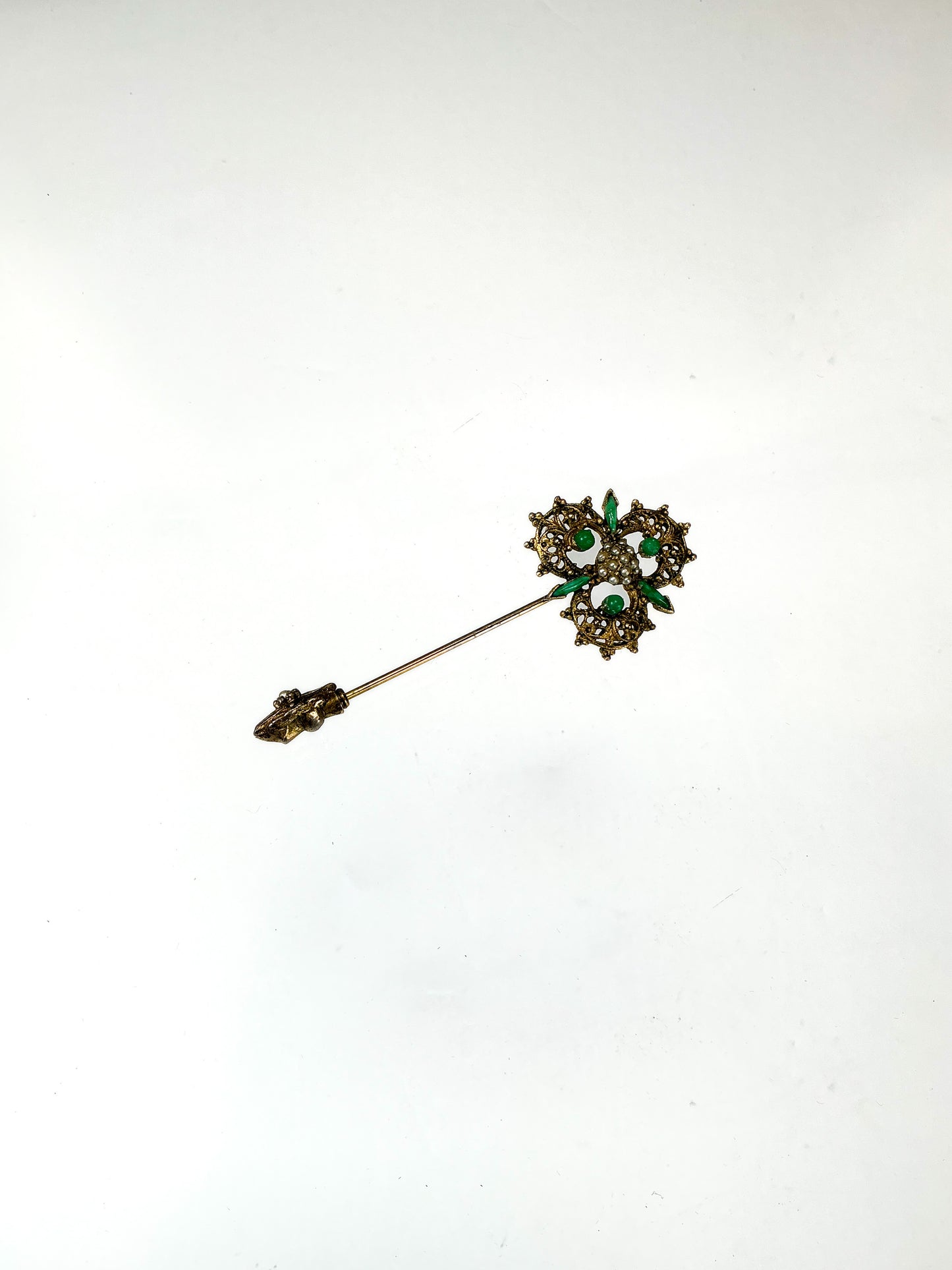 Vintage Stick Pin - Ornate Gold Tone with Green Faux Stones