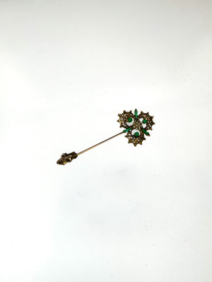 Vintage Stick Pin - Ornate Gold Tone with Green Faux Stones