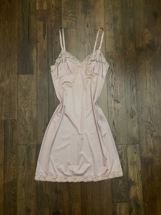 Vintage Vassarette Slip Dress with Floral Lace Trim - Pink - Small