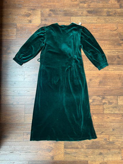 Vintage Clothing - Velour House Robe - Emerald Green - Floral Lace Collar - Large - Partners