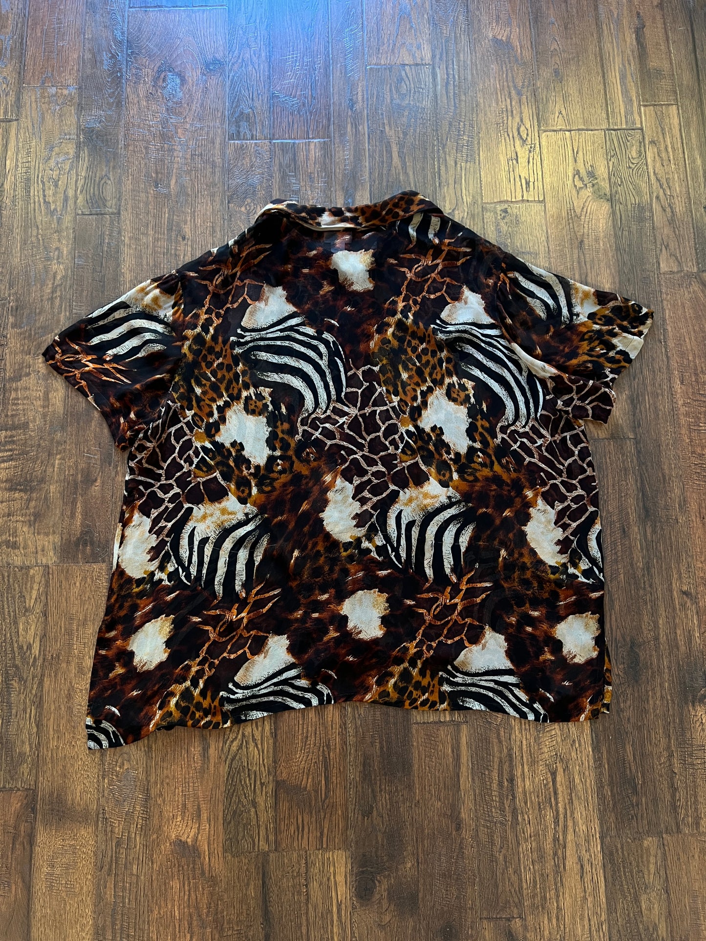 Vintage Rayon Button Front Shirt - Patchwork Animal Print by Avenue - 2X-Large