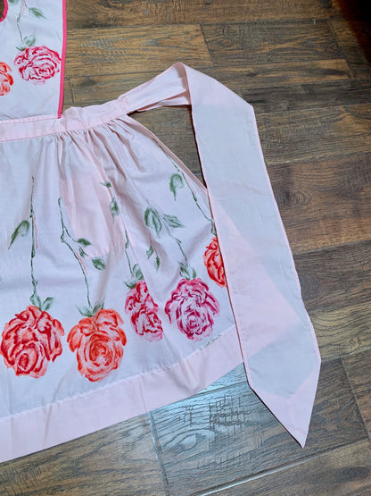 Vintage Pinafore Apron - Pink with Red Roses