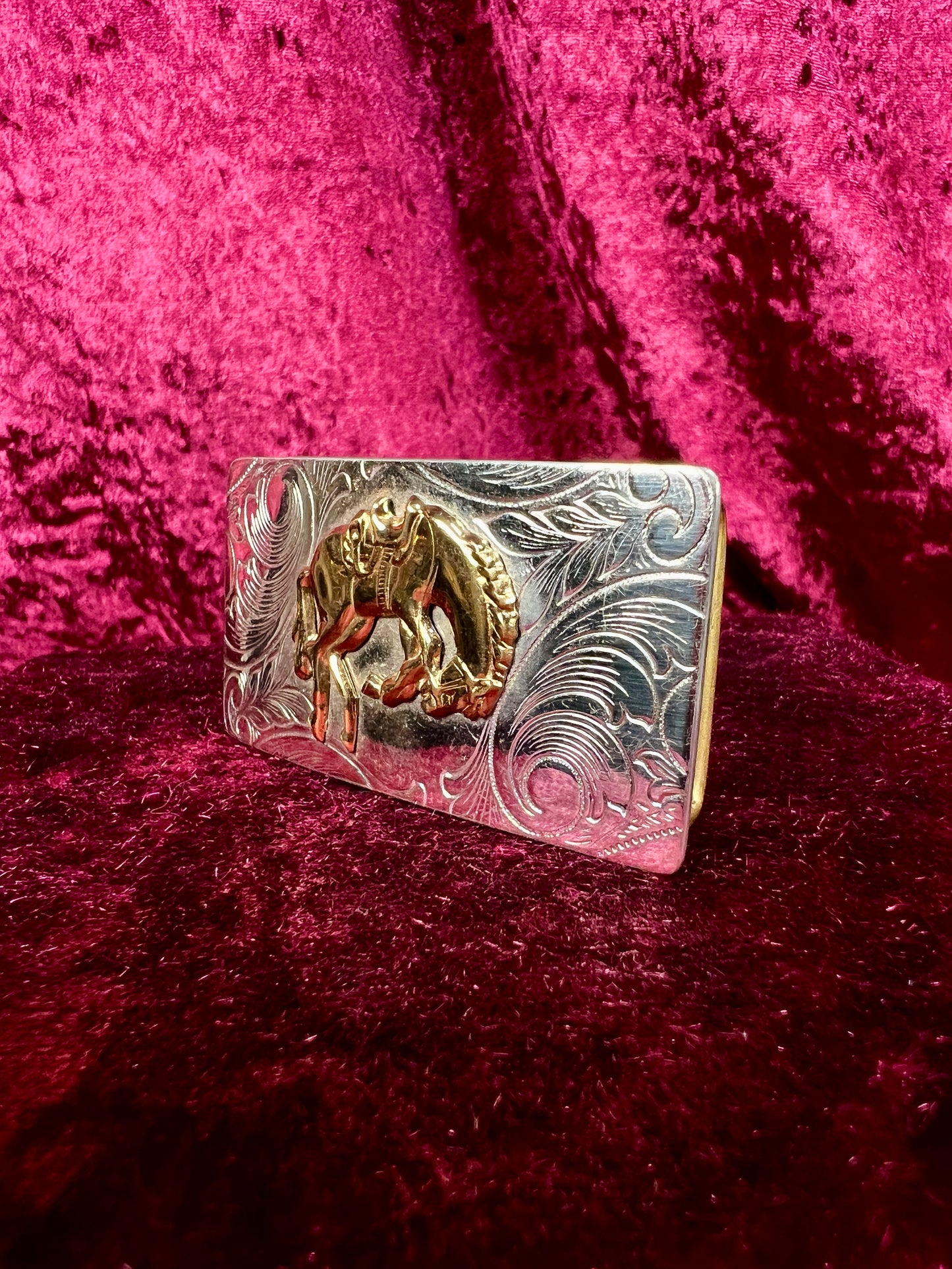 Vintage Nickel Silver Western Belt Buckle Pair - Bucking Bronco and Mustang Engraved
