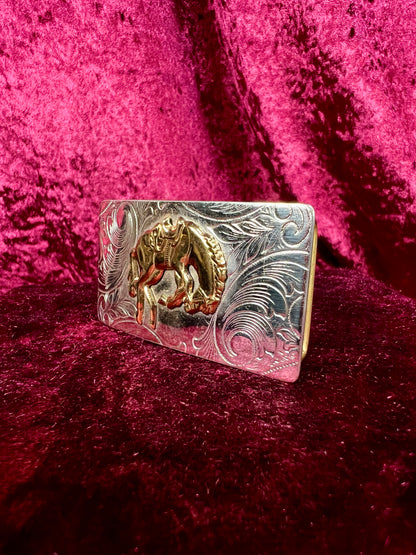 Vintage Nickel Silver Western Belt Buckle Pair - Bucking Bronco and Mustang Engraved