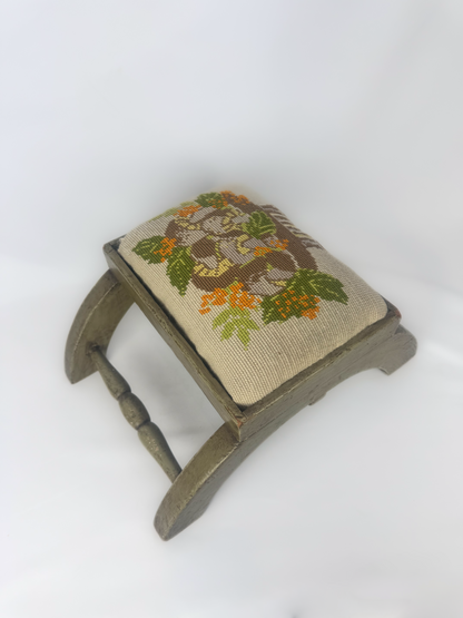 Vintage 1970s Needlepoint Mushroom / Toadstool Wooden Foot Stool