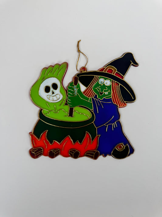 Vintage Halloween Decoration - Plastic Window Suncatcher - Witch and Cauldron