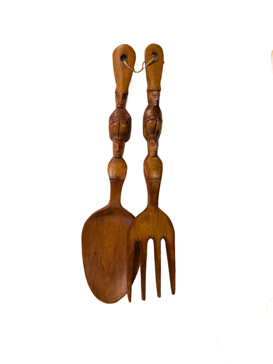 Vintage Tiki Decor -  Wooden Utensils Fork and Spoon Totem - Medium 19' Tall