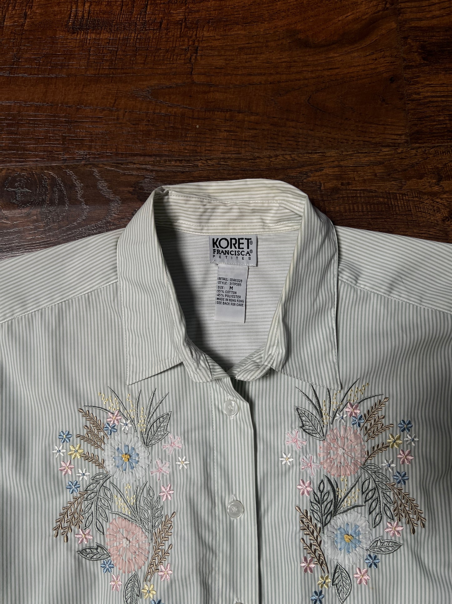 Vintage Koret Francisca Cotton Blend Blouse – Green Pinstripe Floral Embroidery – Medium