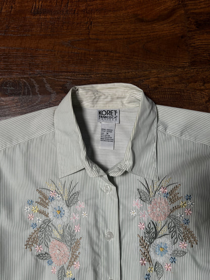 Vintage Koret Francisca Cotton Blend Blouse – Green Pinstripe Floral Embroidery – Medium