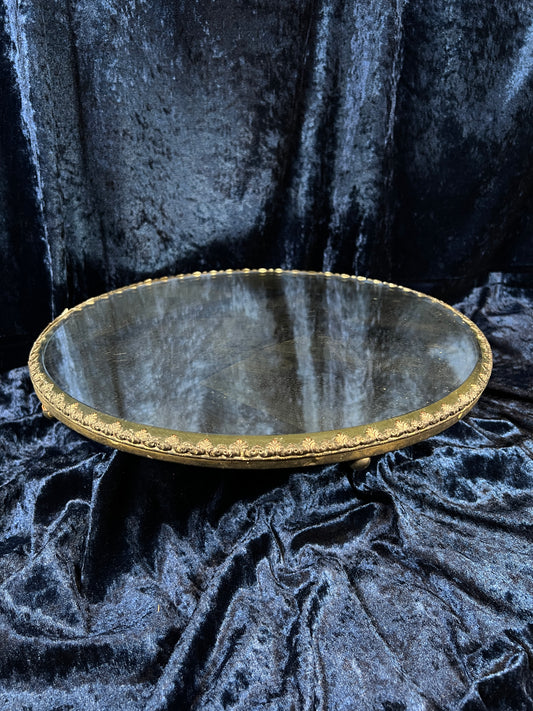 Antique Silver Plate Plateau Mirror - Ornate Beveled Glass Footed Vanity Tray