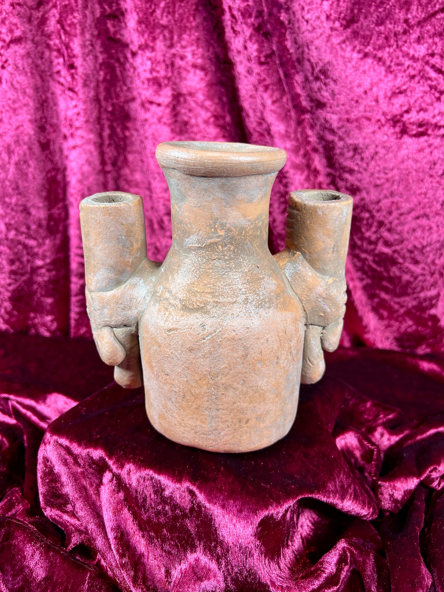 Vintage Oddities - Altar Candelabra - Red Clay Mayan / Aztec Deity Effigy