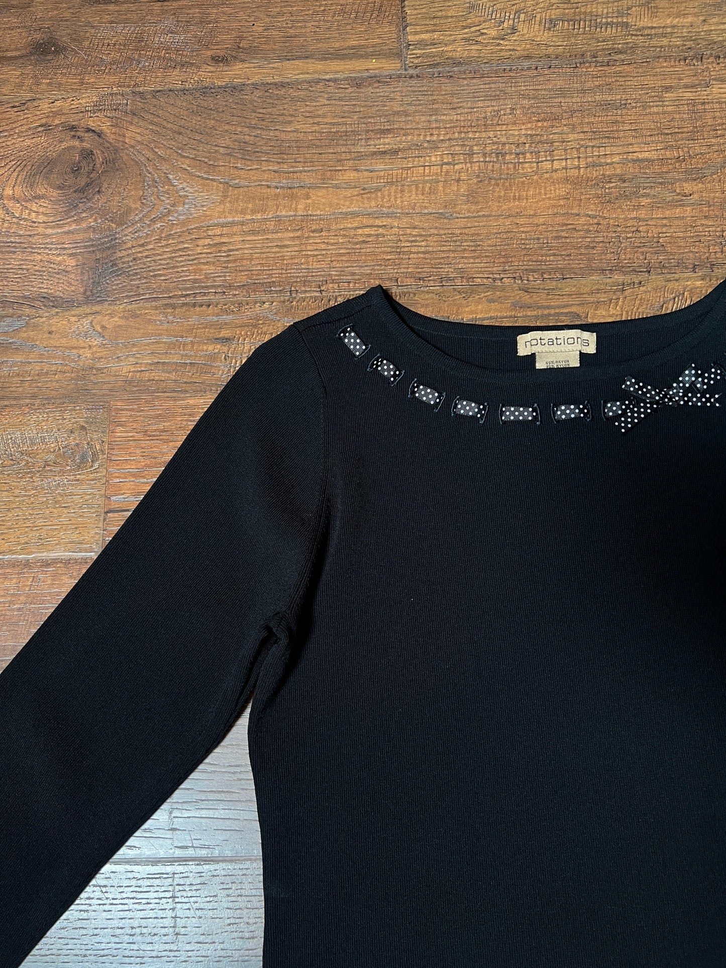 Vintage Notations Rayon Blend Black Top — Polka Dot Bow Trim - Size Large