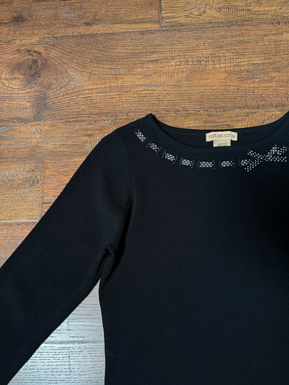 Vintage Notations Rayon Blend Black Top — Polka Dot Bow Trim - Size Large